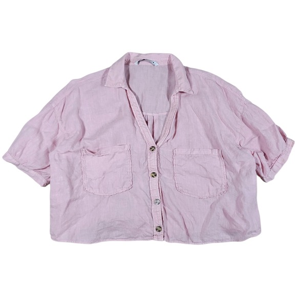 Zara Tops - Zara Linen Button Up Shirt Women XL Pink Cropped Short Sleeve Boho Summer Casual